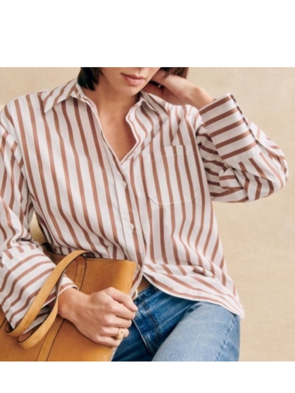 Sézane Womens Striped Button-Up Shirt in Brown and White